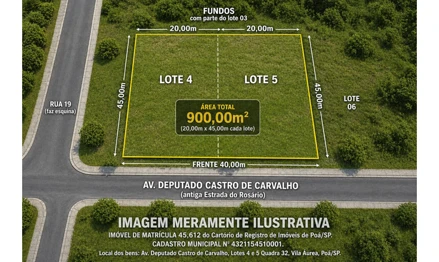 Terreno em Poá, Vila Áurea, Av. Deputado Castro de Carvalho, Lotes 4 e 5 Quadra 32, Vila Áurea, SP. Área: 900m2